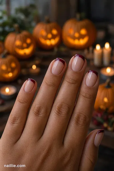 Close-up of short square nails with burgundy French tips over a sheer nude base — look 2