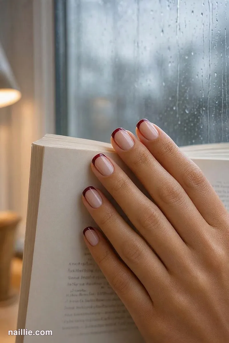 Close-up of short square nails with burgundy French tips over a sheer nude base