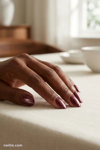 Close-up of oval nails with burgundy polish and a pearly glazed-donut shimmer — look 3