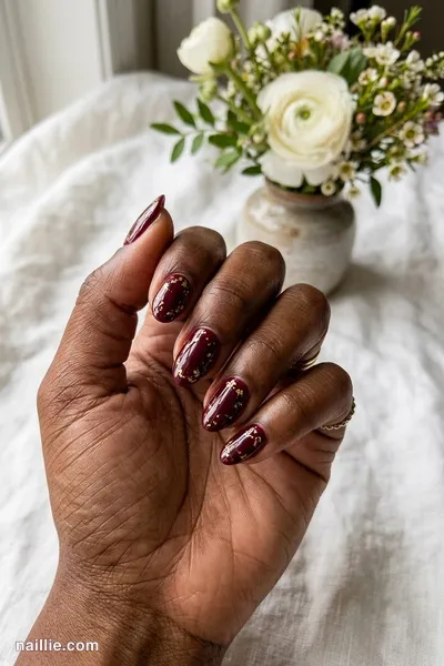 Close-up of short almond nails with burgundy polish and delicate gold foil flakes — look 3