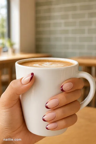 Close-up of almond nails with ultra-thin burgundy micro French tips