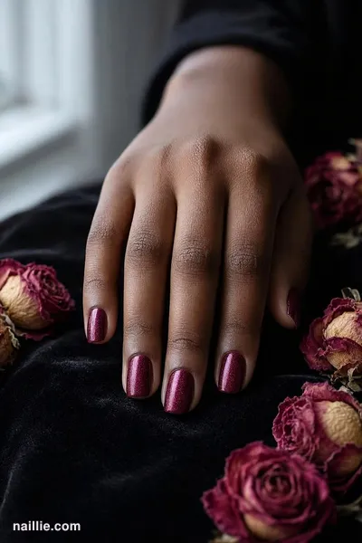 Close-up of short square nails with burgundy polish and a soft velvet shimmer