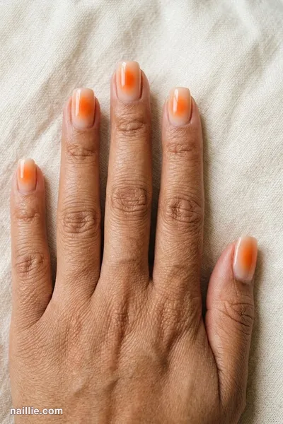 Close-up of short square nails with a glowing burnt orange aura in the center — look 2
