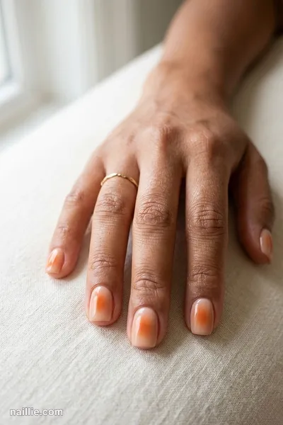 Close-up of short square nails with a glowing burnt orange aura in the center — look 3