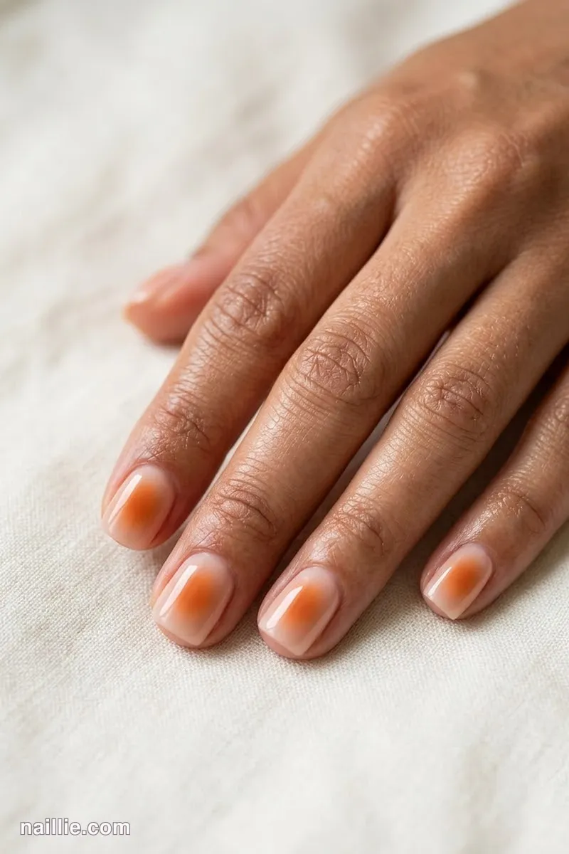 Close-up of short square nails with a glowing burnt orange aura in the center