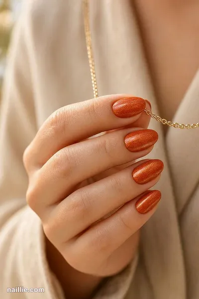 Close-up of oval nails with glossy burnt orange cat eye polish