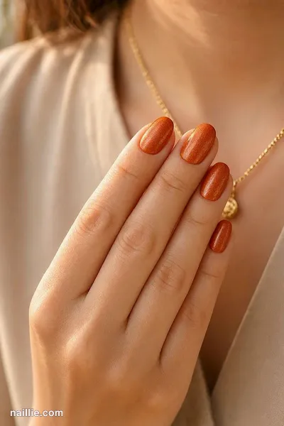 Close-up of oval nails with glossy burnt orange cat eye polish — look 2