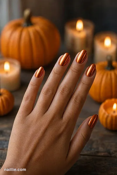 Close-up of oval nails with burnt orange polish and a mirror-like chrome finish