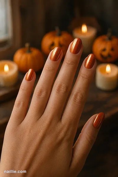 Close-up of oval nails with burnt orange polish and a mirror-like chrome finish — look 2