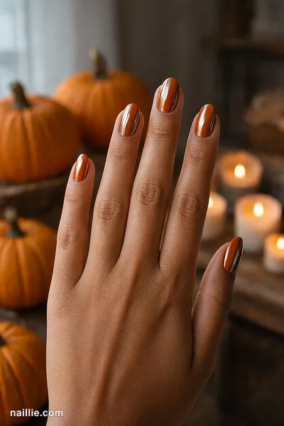 Close-up of oval nails with burnt orange polish and a mirror-like chrome finish — look 3