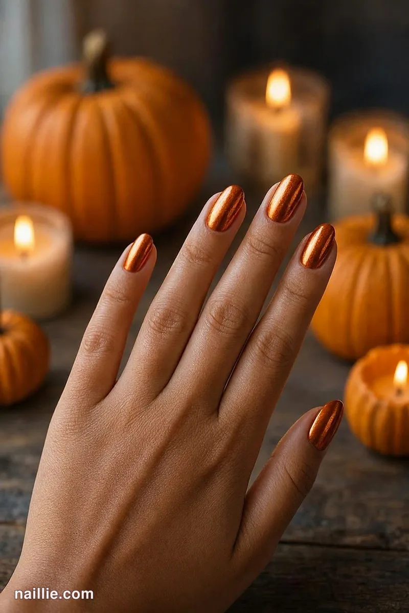 Close-up of oval nails with burnt orange polish and a mirror-like chrome finish
