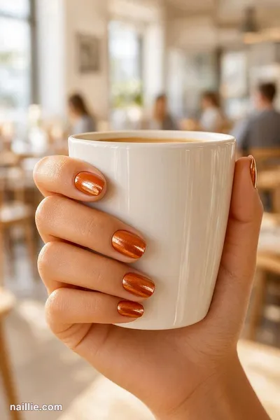 Close-up of short almond nails with burnt orange polish and a mirror-like chrome finish