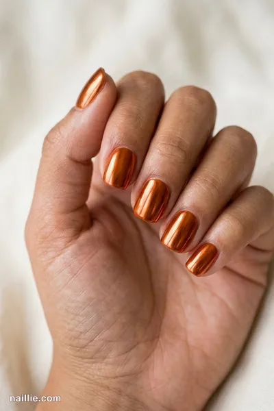 Close-up of squoval nails with burnt orange polish and a mirror-like chrome finish — look 2