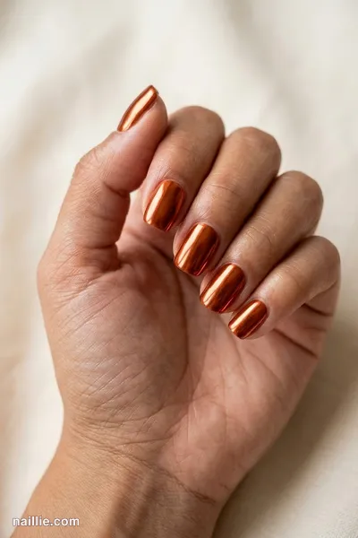 Close-up of squoval nails with burnt orange polish and a mirror-like chrome finish — look 3