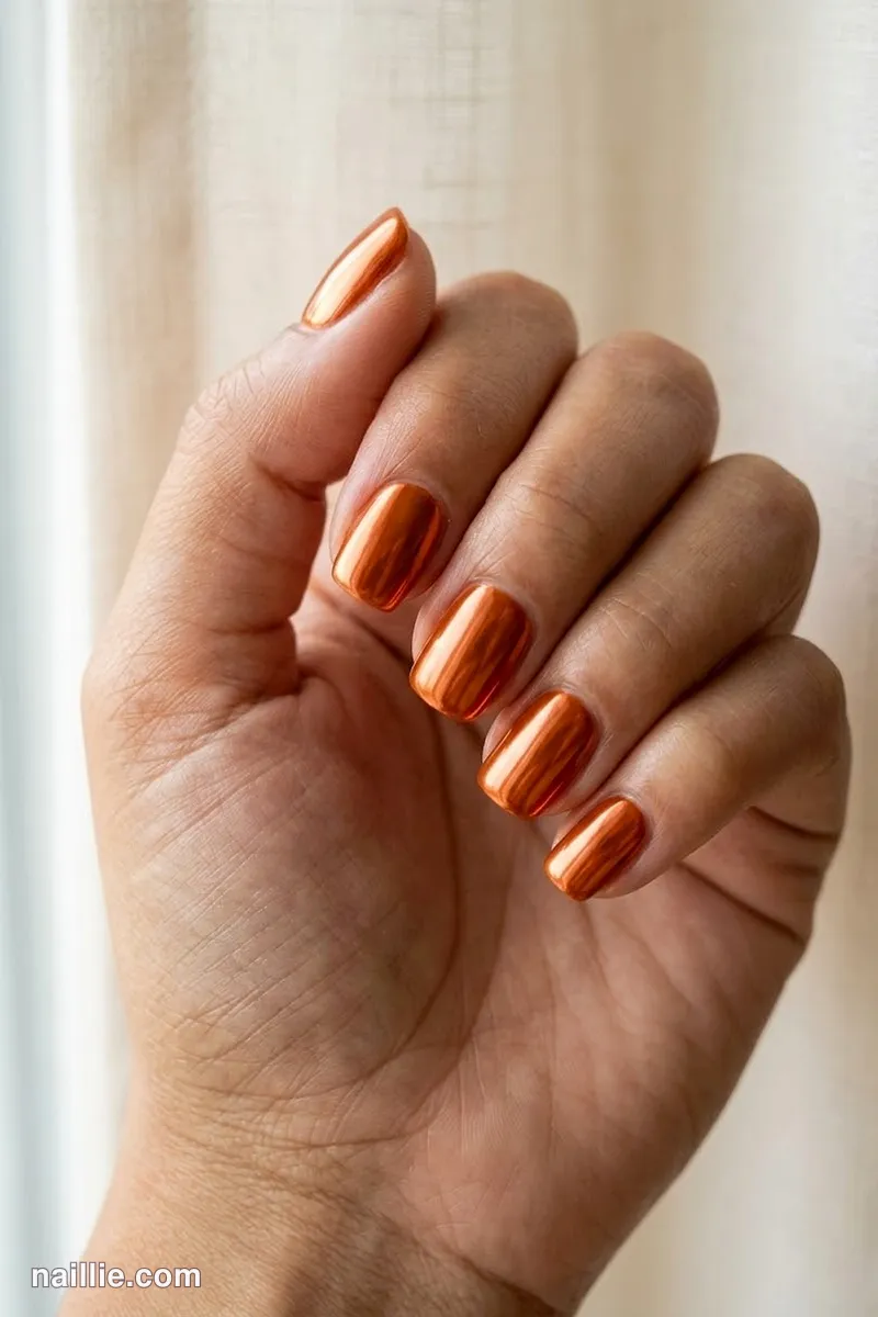 Close-up of squoval nails with burnt orange polish and a mirror-like chrome finish