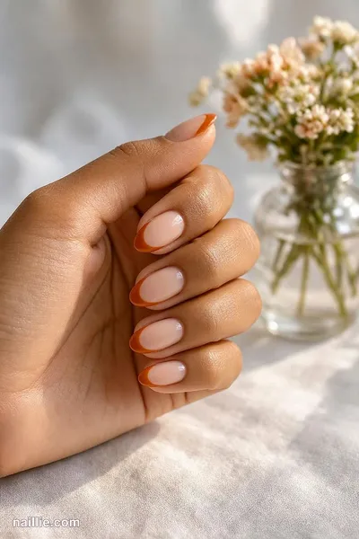Close-up of almond nails with burnt orange French tips over a sheer nude base