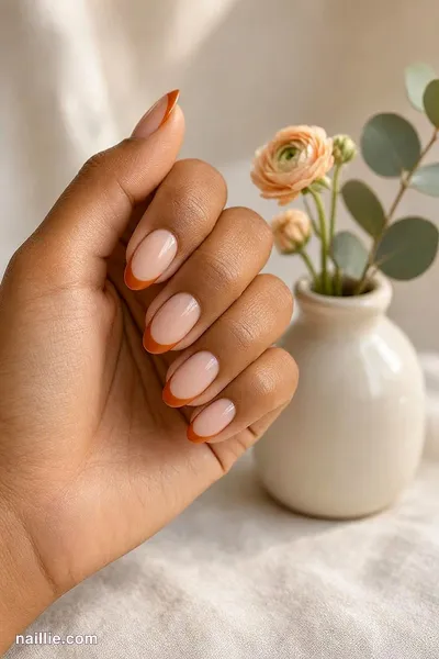 Close-up of almond nails with burnt orange French tips over a sheer nude base — look 2