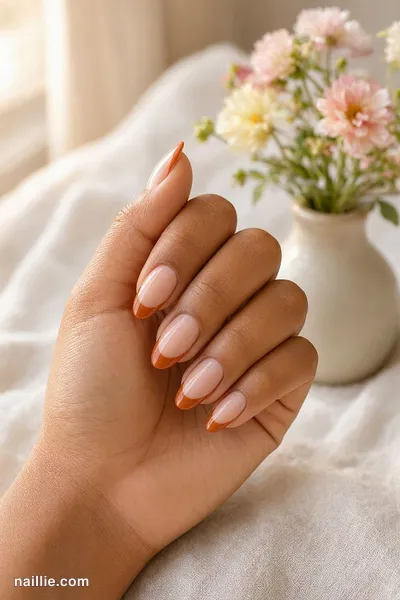 Close-up of almond nails with burnt orange French tips over a sheer nude base — look 3