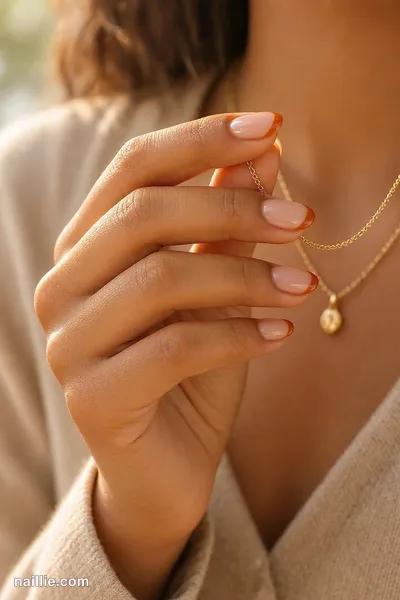 Close-up of oval nails with burnt orange French tips over a sheer nude base