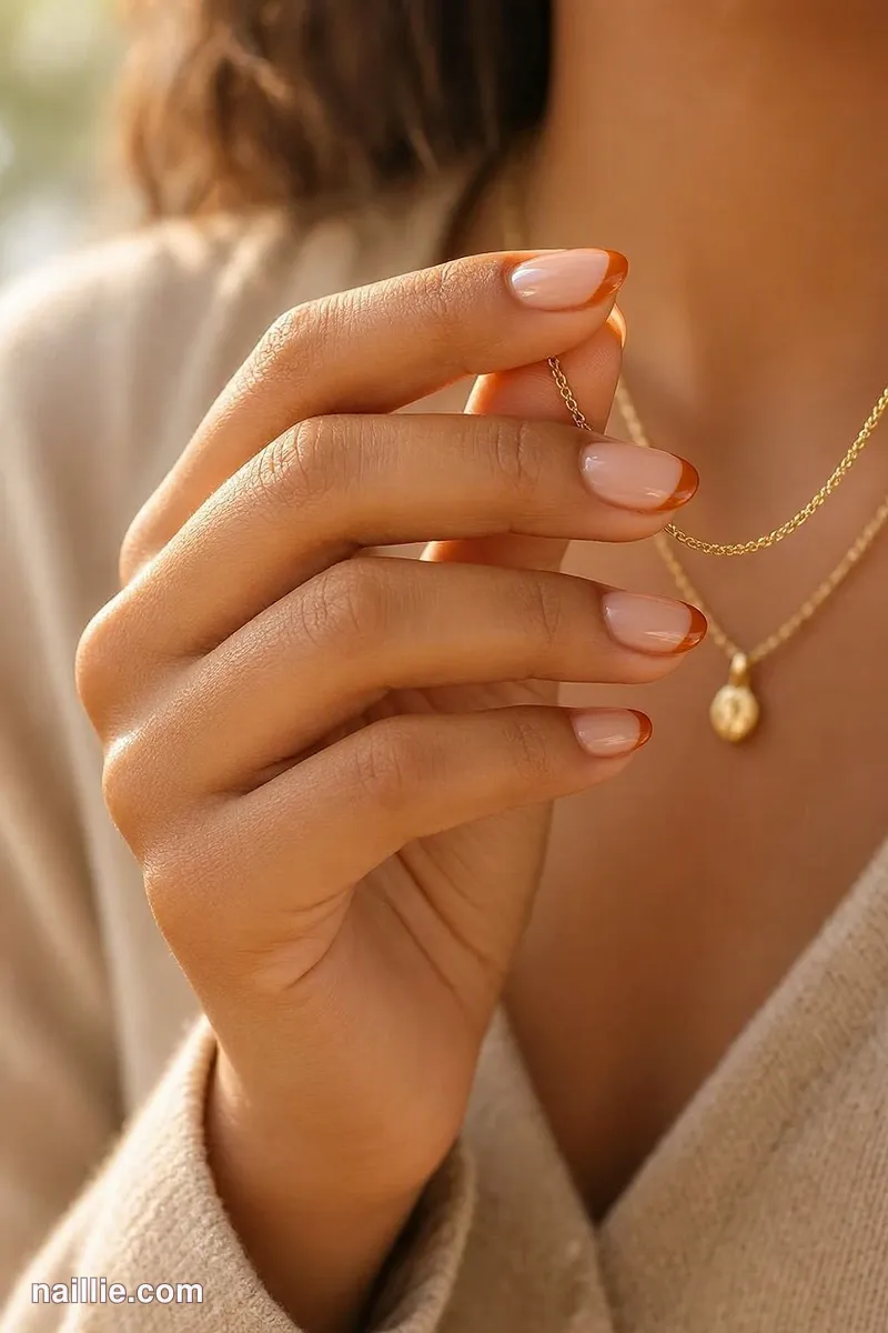 Close-up of oval nails with burnt orange French tips over a sheer nude base