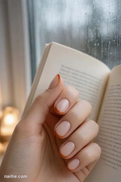 Close-up of short square nails with burnt orange French tips over a sheer nude base