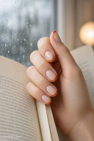 Close-up of short square nails with burnt orange French tips over a sheer nude base — look 2