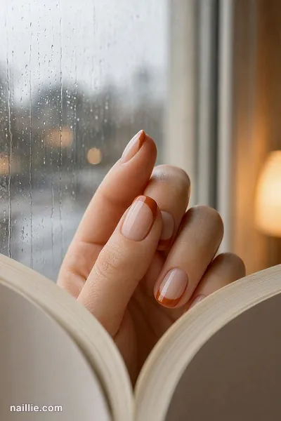 Close-up of short square nails with burnt orange French tips over a sheer nude base — look 3