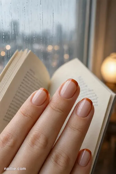 Close-up of short square nails with burnt orange French tips over a sheer nude base — look 4