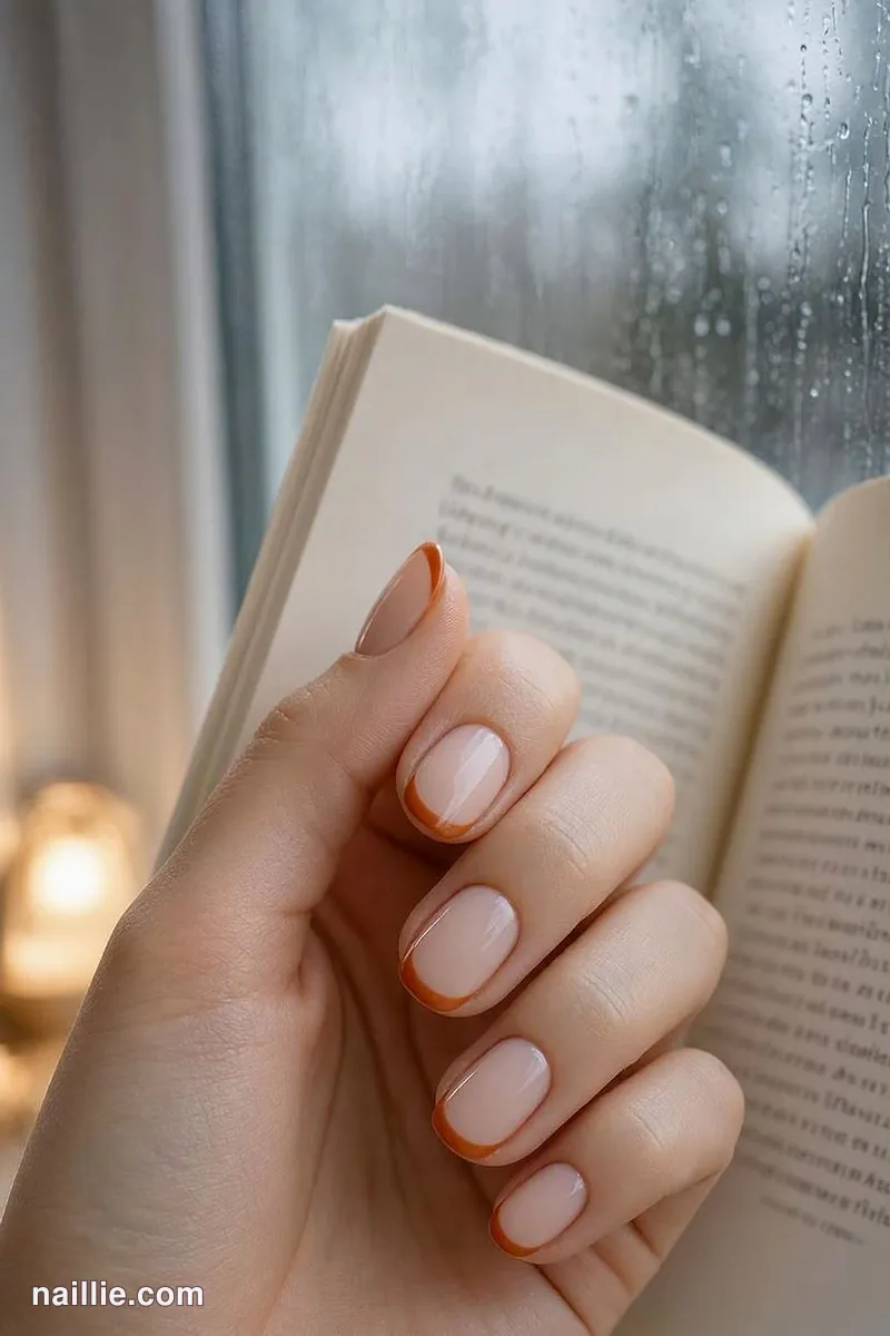 Close-up of short square nails with burnt orange French tips over a sheer nude base