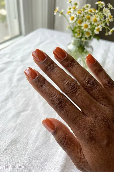 Close-up of short square nails with burnt orange polish and a pearly glazed-donut shimmer — look 2