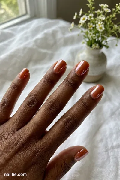 Close-up of short square nails with burnt orange polish and a pearly glazed-donut shimmer — look 3