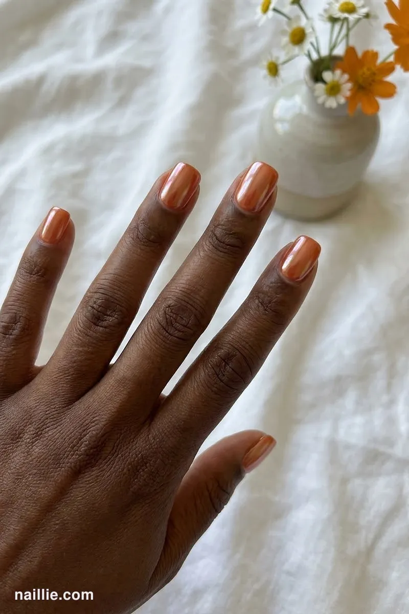 Close-up of short square nails with burnt orange polish and a pearly glazed-donut shimmer