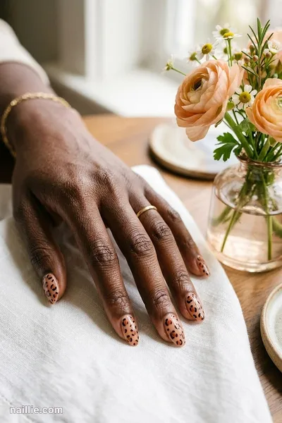 Close-up of oval nails with burnt orange leopard print spots — look 3
