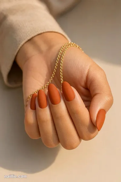 Close-up of almond nails with burnt orange polish and a soft matte top coat — look 2
