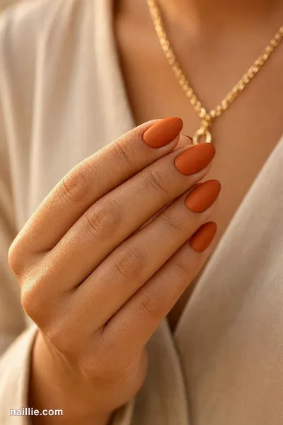 Close-up of almond nails with burnt orange polish and a soft matte top coat — look 4
