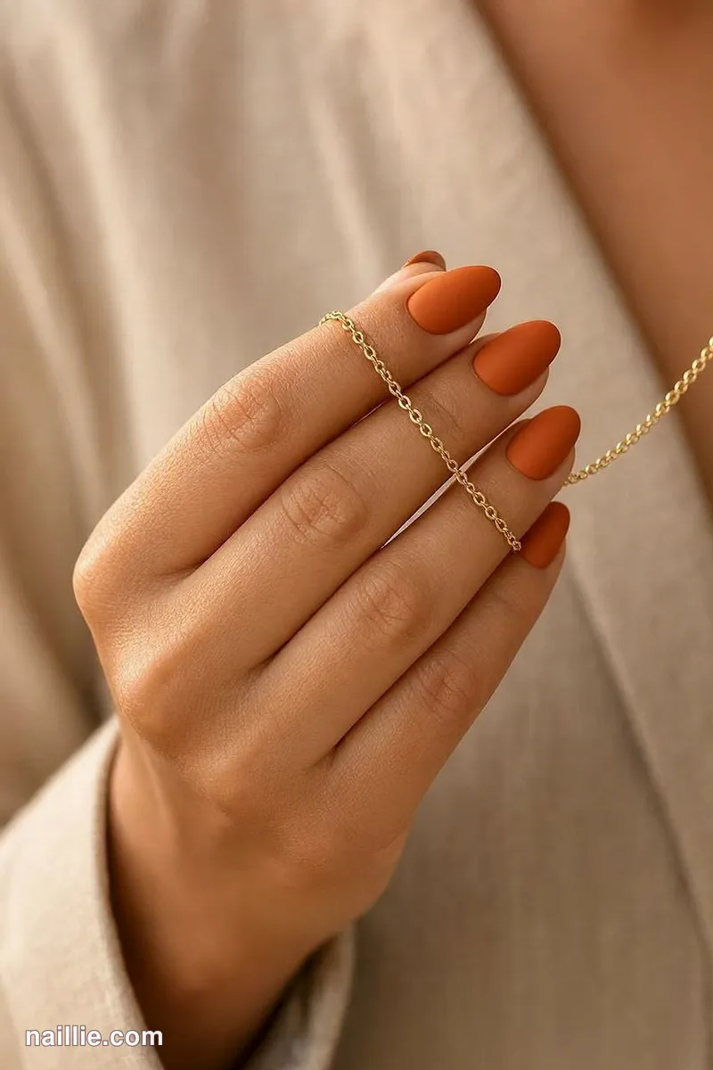Close-up of almond nails with burnt orange polish and a soft matte top coat