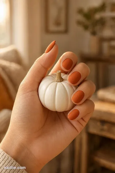 Close-up of oval nails with burnt orange polish and a soft matte top coat