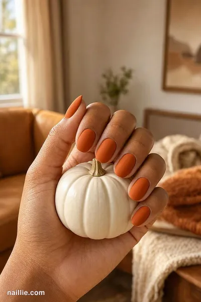 Close-up of oval nails with burnt orange polish and a soft matte top coat — look 2