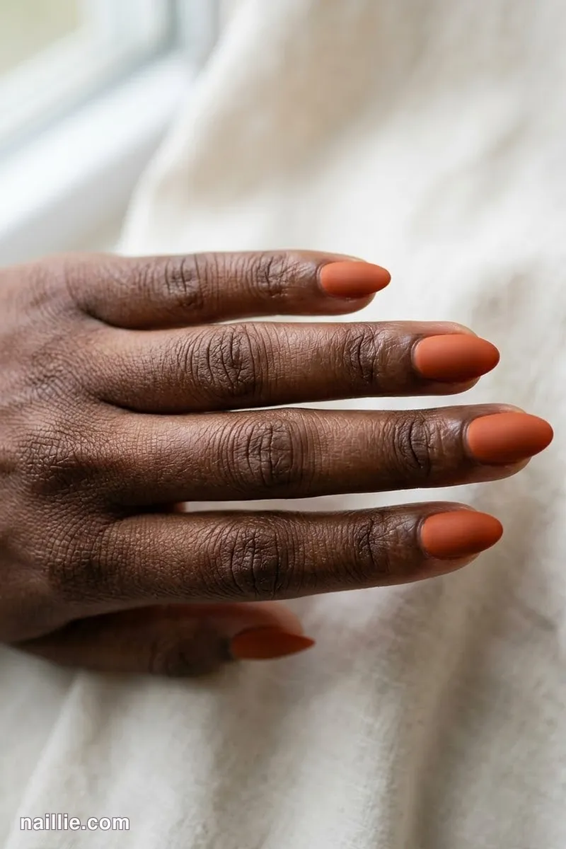 Close-up of short almond nails with burnt orange polish and a soft matte top coat