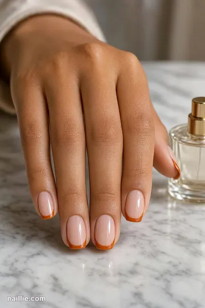 Close-up of short square nails with ultra-thin burnt orange micro French tips — look 2