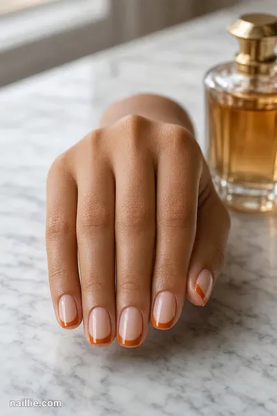 Close-up of short square nails with ultra-thin burnt orange micro French tips — look 3