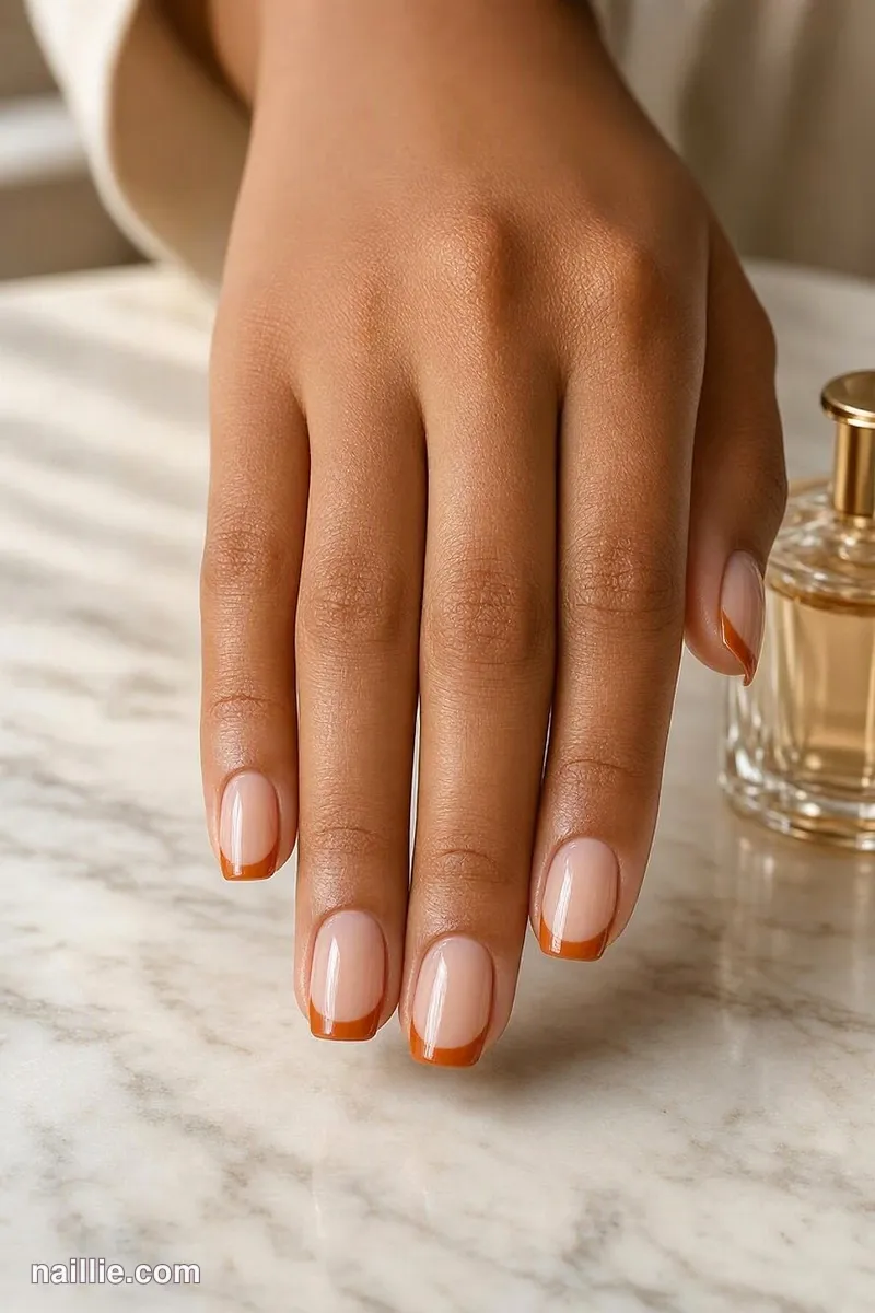Close-up of short square nails with ultra-thin burnt orange micro French tips