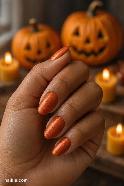 Close-up of oval nails with burnt orange polish and a soft velvet shimmer — look 2