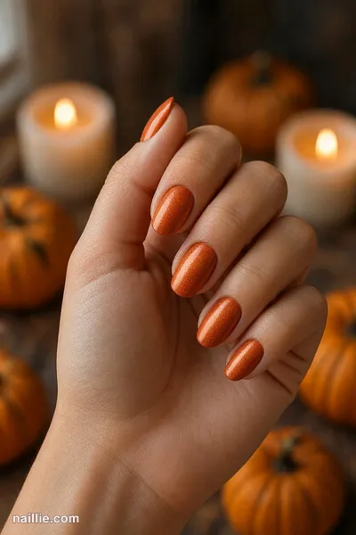 Close-up of oval nails with burnt orange polish and a soft velvet shimmer — look 3