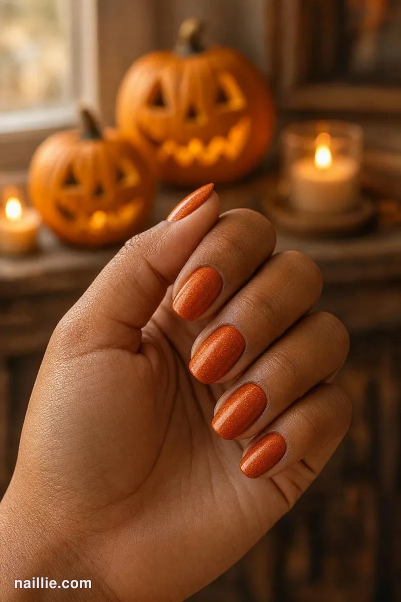 Close-up of oval nails with burnt orange polish and a soft velvet shimmer