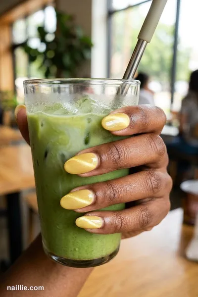 Close-up of oval nails with butter yellow polish and a shimmering magnetic cat eye effect — look 2