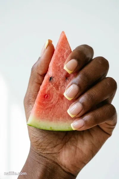 Close-up of short square nails with butter yellow French tips over a sheer nude base — look 2