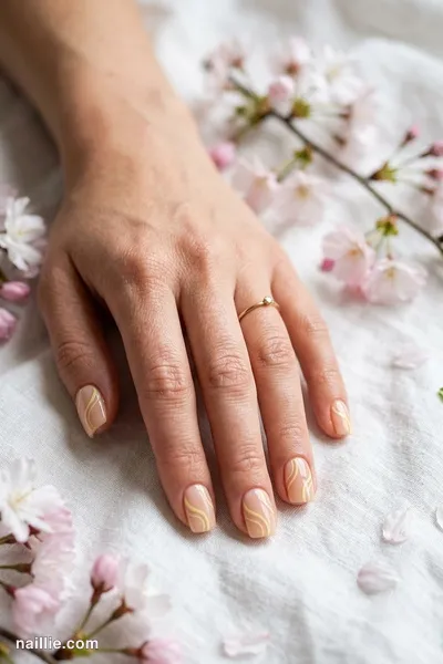 Close-up of short square nails with butter yellow abstract swirls on a nude base — look 3