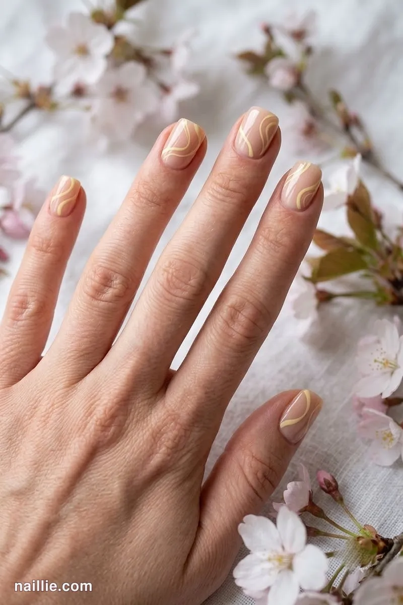 Close-up of short square nails with butter yellow abstract swirls on a nude base