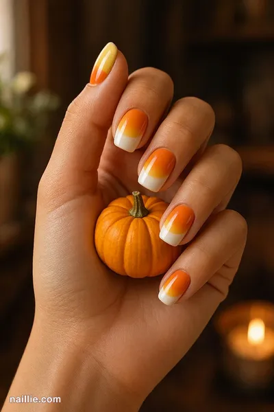 Close-up of short square nails with candy corn stripes in orange, yellow and white